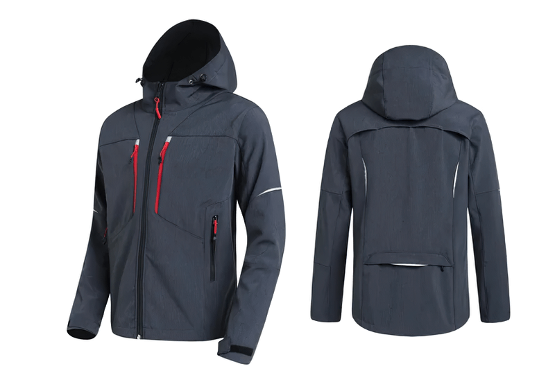 Men's waterproof softshell jacket with hood, SF2063, in sleek blue and black design, featuring windproof technology and handy pockets.